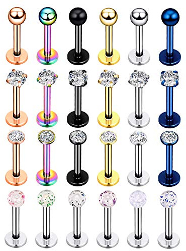 Longbeauty 16G Edelstahl Labret Monroe Lippenring Tragus Helix Ohrring Studs 24 Pcs Zunge Industrial Bauch Barbells mit Kugel &CZ Piercing Bars