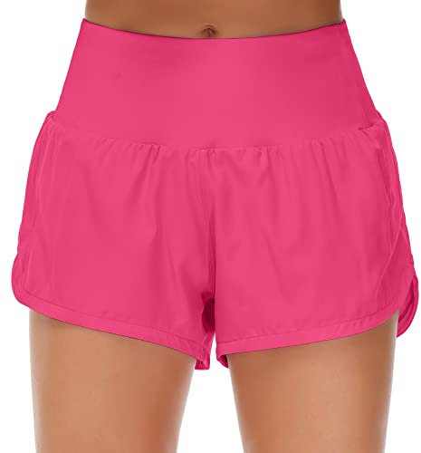 Origiwish Short de Course Taille Haute pour Femme avec Doublure - Séchage Rapide - Poches zippées, Rose Vif, Taille S