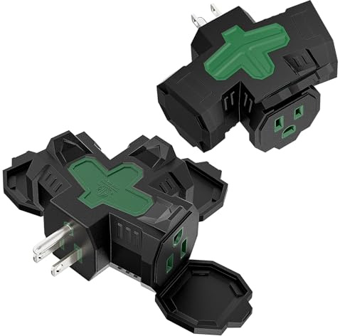 K KASONIC - Electrical Multi-Outlet, 3-Way Indoor Outdoor Adapter with Protective Cover, ETL Listed Heavy-Duty Grounded Power Tap, 2 Pack 1875W/15Amps Plug Splitter for Home, Office, Outdoor, Green