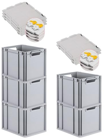 PROREGAL SuperSparSet 5x Eurobox NextGen Economy mit Scharnierdeckel & gelben Verschlüssen | Griffe offen | HxBxT 32x30x40cm | 30 Liter | Eurobehälter Transportbox Transportbehälter Stapelbehälter