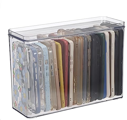 TOLIDA Clear Plastic Phone Cases Storage Box with Lid | Stackable Cell Phone Organiser Holder, Tabletop Multi-functinal Storage Box for Home/Office