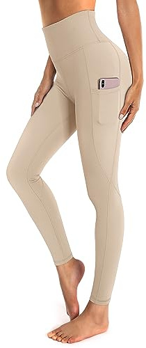 OUGES Womens High Waist Yoga Pants with Pockets Workout Running Gym Leggings(Khaki,M)