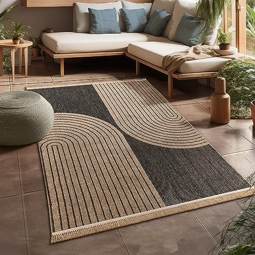 Paco Home Alfombra Salon De Habitacion Cocina Exterior Terraza Jardin Motivo Boho Chic Motivo Floral Dibujo Geometrico, tamaño:80x150 cm, Color:Antracita