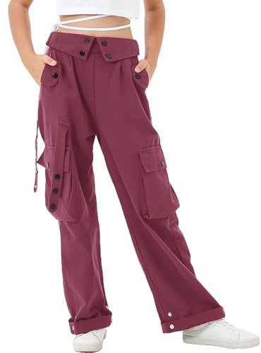 Rolanko Pantalon Cargo pour Filles, Taille Haute Elastique avec Poches Multiples, Pantalon Cargo à Jambes Larges pour Enfants, Rouge, Taille: 150/10-11 Ans