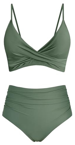 Amy Babe Women's High Waisted Bikini Sets Push Up Twist Front Spaghetti Straps Ruched Two Piece Swimsuit Bathing Suit Olive (X-Large)