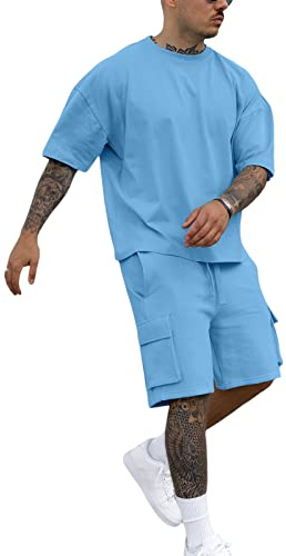 Fastkoala Homme Ensemble Sets Ete Tenues Survêtement Costumes Plage Vacances Col Rond Hauts et Shorts Poches 2 Pcs Bleu M