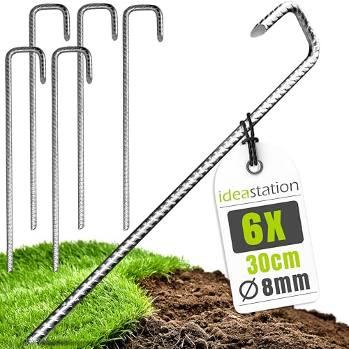 idea-station Erdanker Bodenanker - 6 Stück - 30 cm lang - Ø 8 mm | Massiver Bewehrungs-Stahl - rostfreie Heringe für Pavillon, Zelte, Trampoline - Erdnägel für eine sichere Boden Verankerung