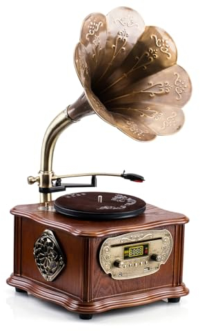 Schwarz Retro Plattenspieler, Schallplattenspieler mit Bluetooth, Phonograph und CD-Wiedergabe, FM-Radio, Bedienung per Fernbedienung