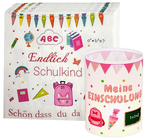 32 Stück Servietten und 8 Stück Windlicht Tischdeko Einschulung - Schön Dass Du Da Bist - Deko Schulkind - Windlichter für Mädchen und Junge