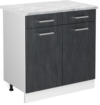 Vicco Küchenunterschrank R-Line, Schwarz Beton, 80 cm | 2 Schubladen · AP Marmor inkl. · Höhenverstellbare Füße · 2 Türen · ✓ Leichter Zugriff