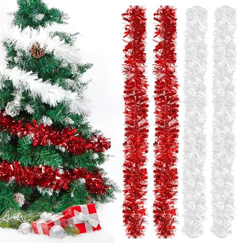 Guirlandes Tinsel Noël Blanc et Rouge,Guirlande De Noel Sapin Brillante 2m,Lot de 4 Guirlande Tinsel Métallique Scintillantes,Guirlande de Décoration de Noel