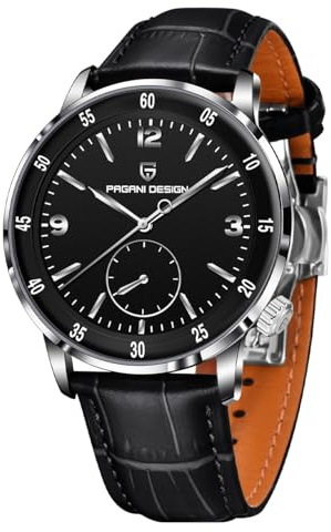 Pagani Design Herren Automatikuhr 42MM Großes Zifferblatt Design Edelstahl Lünette Saphirglas Linse Mechanisches Uhrwerk 100M Wasserdicht Einfach zu lesen Casual Business Lederuhr(Silber Schwarz)