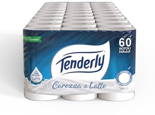 Tenderly Carezza di Latte, 60 Rotoli di Carta Igienica Morbidissima (15 conf da 4 rotoli), 2 Veli, Realizzata con Fibre 100% Naturali di Latte, Made in Italy