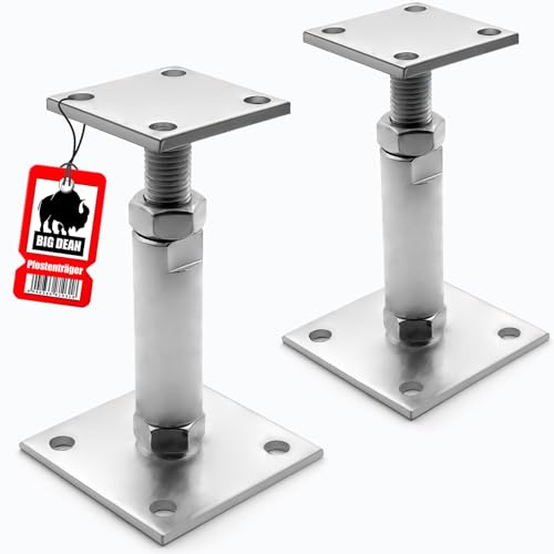 BigDean 2 Pfostenträger höhenverstellbar 150 – 190mm Platte 100x100 & 70x70 | Balkenschuh zum Aufschrauben, Stützenfuß für Zaunpfosten & Holzbalken, verzinkter Stahl, Silber, einfache Höhenanpassung