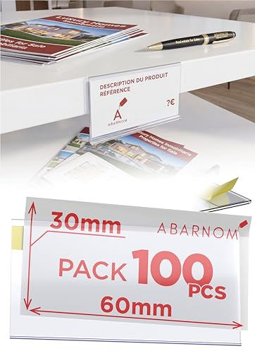 100 Unidades de Porta etiquetas Transparente Autoadhesivas 30mm de alto 60mm de largo. Portaprecios adhesivos individuales de 60mm, Etiquetas para Precios, Carteles para Precios, Porta Precios Tienda