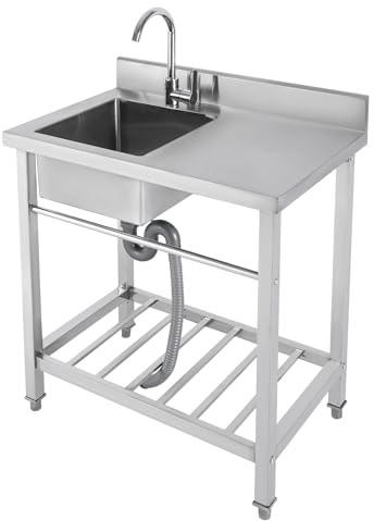 Fregadero de cocina de acero inoxidable, fregadero de cocina independiente, fregadero de cocina de pie de acero inoxidable, con grifo y banco de trabajo, con patas cuadradas, para exterior, interior