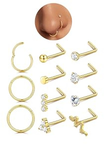 CASSIECA 11Pcs Nasenpiercing Chirurgenstahl Nasenring Gold 6/8/10MM Nasenpiercing Ring Nasenring CZ Nasen Piercing Nasenstecker Set Nostril Schmuck Damen 20G