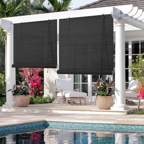 Negro Persiana Estor Bambu Exterior Persiana Enrollable Interior Bambu Cortinas Madera Estor 80% Opaco Enrollable 60 80 90 100 110 120 130 140 150 160cm Privacidad Para Porche Patio(W150xH140cm)