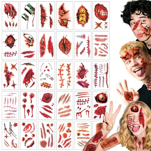 BMYUK 30 Blätt Narben Tattoo Halloween Zombie Vampir Hexen Kostüm Kinder Damen Wunden Gruselig Make Up Schminke Zubehör für Karneval Fasching Motto Party