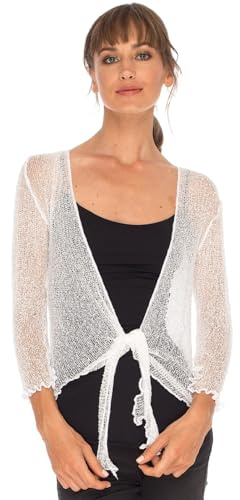 NetSetUK Women’s Fish Net Tie Up Shrug 3/4 Sleeve Fine Knitted Ladies Bolero Shrug Top Jacket Cardigan One Size White