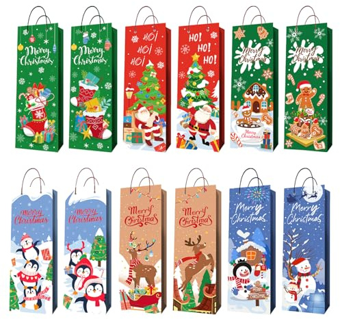 MORAINJAY 12 Stück Weihnachts Flaschentaschen, Geschenktüten für Wein Spirituosen mit Griff, Geschenkverpackung Weihnachten, Flaschenbeutel für Xmas Geschenke