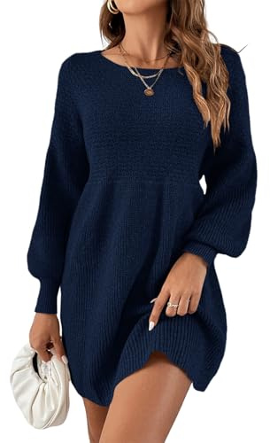 Saodimallsu Vestido de punto para mujer, cuello redondo, mangas abullonadas, cintura alta, elegante, vestido de punto, vestido de línea A, mini vestido