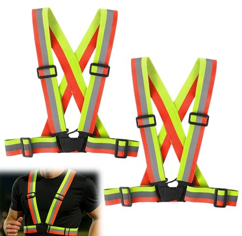 Huybaa Gilet réfléchissant haute visibilité, lot de 2, ceinture élastique réglable, convient aux hommes et aux femmes, convient au cyclisme, à la moto, au jogging, double color(yellow orange), moyen