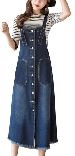 Yishengwan Salopette Gonna Lunga Donna Vestito con Bretelle, Vestito Salopette Elegante Overall Denim Vestiti con Tasca Blu M