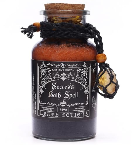 Ancient Witch Bath Spell Potion, Success Formula with Citrine Crystal Amulet, Bergamot Essential Oil, Epsom Salt Blend, 240g