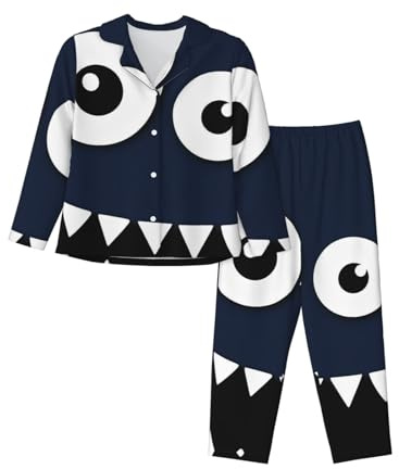 Nianyuer Ensemble de pyjama à manches longues pour femme - Doux et ludique - Motif monstre - Vêtement de détente avec poches, Noir , L