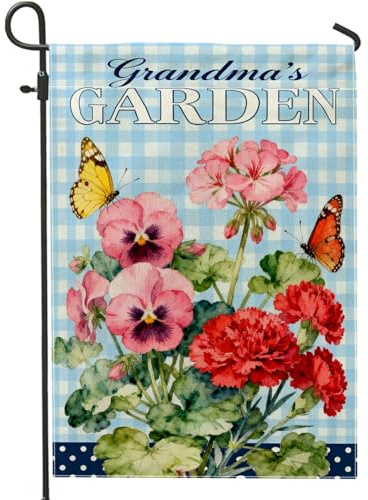 Bandera de jardín de mariposas, diseño floral de geranio pensamiento, primavera, arpillera azul, doble cara, pequeña bandera de jardín para patio al aire libre, césped, porche delantero, balcón, 12 x