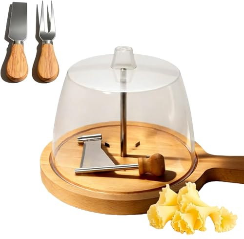 Cheese Wheel Shaver, Circular Cheese Curler Flower Maker Wheel Slicer with Acrylic Cover & Wooden,Base for Chocolate Pcheese Home & Restaurant Use (Handle,With lid)