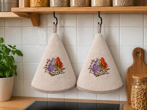 Corredocasa Set 2 Strofinacci Cucina Spugna 70cm, 100% Made in Italy - Canovacci da Cucina di Alta qualità e Massima Asciugatura con Comodo Appendino - Set di Stracci Rotondi (Panna Fiori)