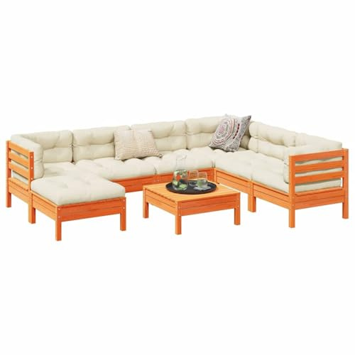 Ensemble de salon modulaire en pin massif 8 pièces en bronze cireux avec coussins pour jardin, terrasse et patio