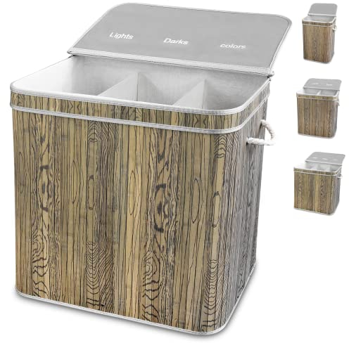 osoltus Wäschebox Camps Bay aus Bambus - Wäsche-Sortierer mit Deckel - Bad-Organzier - Wäschetruhe - Badezimmer Wäsche-Sortiersystem - 3 Fächer, Natur Grau - 145 L