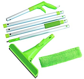 Maximex Extra-langer Sprüh-Fensterwischer bis 220 cm, ermöglicht Arbeitshöhe bis 420 cm, Fenster Wischer mit 85 ml Wassertank, Gummilippe & 27 cm Wischbereite