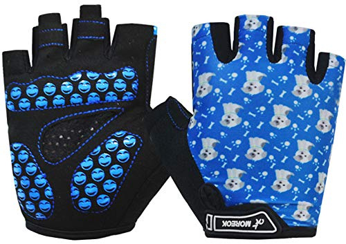 MOREOK Kids Cycling Gloves,Gel Padding Bicycle Half Finger Pair Dog Bars, Fit Boy Girl Youth Age 2-11, Outdoor Sport Road Mountain Bike Gloves Blue-L