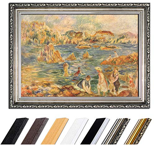Bilderdepot24 Bild mit Rahmen - Pierre-Auguste Renoir Am Strand von Guernesey 80x60 cm - Gerahmtes Leinwandbild Alte Meister - Antiker Rahmen Silber Barock, Klassisch