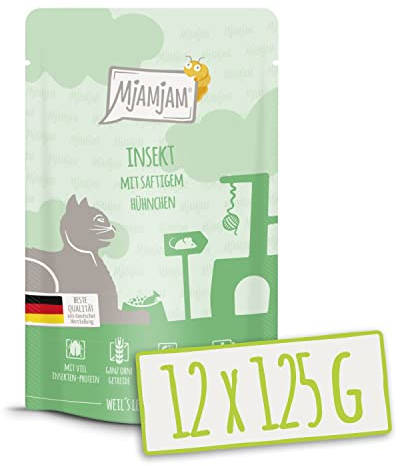 MjAMjAM - Premium Nassfutter für Katzen - Quetschie Insekt mit saftigem Hühnchen 125g, 12er Pack (12 x 125g), naturbelassen mit extra viel Fleisch