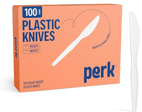 Perk Heavy‑Weight Plastic Knives, 100 Count Disposable Knives for Meals & Desserts, White