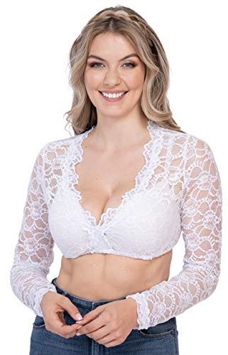 Schöneberger dräkter couture Dirndlblus i vit spets – elegant långärmad stretch Dirndl blus delvis transparent Vroni, Vit, 44