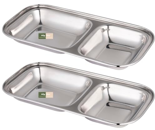 WG inc rostfritt stål förrätt/ökentallrikar två fack 23 x 11 cm rektangulära delade brickor för frukt, snacks, sallader, evenemang, fester, camping - 2-pack