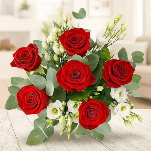 Blumenstrauß Für dich - Strauß mit roten Premiumrosen, weißem Lisianthus und Eukalyptus # Inklusive Grußkarte