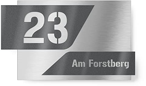 Graviers Design Hausnummernschild aus V2A Edelstahl 380x264 - Anthrazit Metallic - zweiteilig mit 3D Effekt Wetterfest Rostfrei Individuell anpassbar mit eigener Nummer Straße - Made in Germany
