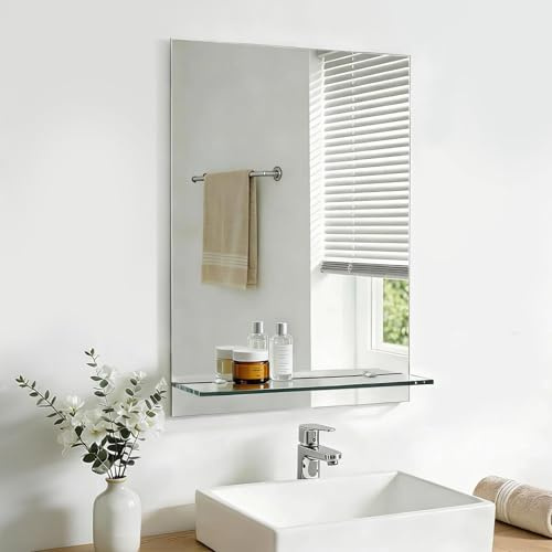 S'AFIELINA Badspiegel mit Ablage 45x60 cm – Wandspiegel Rahmenlos ohne Licht, HD Badezimmerspiegel mit Glasablage, Gäste-WC Kristallspiegel, Wandmontage
