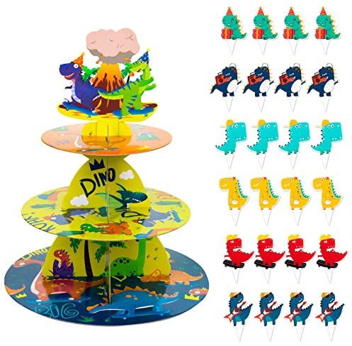 OPUHOHR Support à Cupcake de Dinosaures, 3 Niveaux Support GâTeau avec 24pcs Topper Gateau, Tour D'affichage Cupcake Plateau pour Fournitures de Fête Mariage d'anniversaire Baby