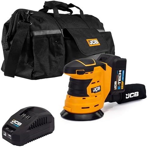 JCB 18V Cordless Orbital Sander with 4.0Ah Battery & Fast Charger – 125mm Sanding Pad, Dust Collection, Rubber Grip, 20in Tool Kit Bag, 3 Year Warranty