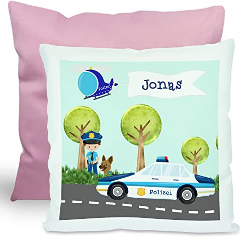 CreaDesign, Kinder Kissen 40x40 cm personalisiert mit Namen, Kinderzimmer Deko Kissen Kinder mit Füllung Federn, Motiv Polizei, Rückenfarbe Rosa