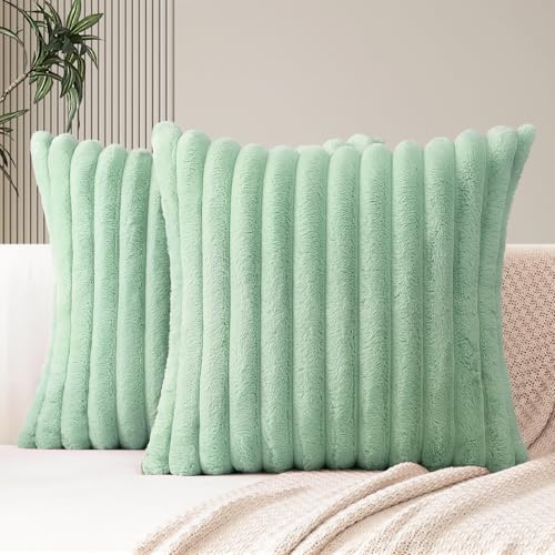 JOTOM 2 Piezas Fundas de Cojín 45x45 cm de Doble Cara de Felpa de Imitación de Piel Suave a Rayas Cojín Almohada Lumbar para Sofá Cama Decoración del Hogar
