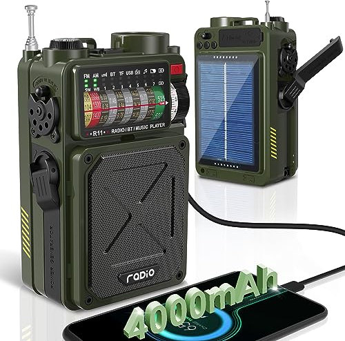 Emgykit Radio de manivela – 4000 mAh/14800 mWh AM/FM/WB/SW/NOAA con Bluetooth, linterna, alarma SOS, alimentado por USB y energía solar